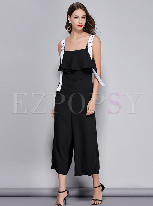 Casual Off Shoulder Falbala Patchwork Jumpsuit With Metal Decoration