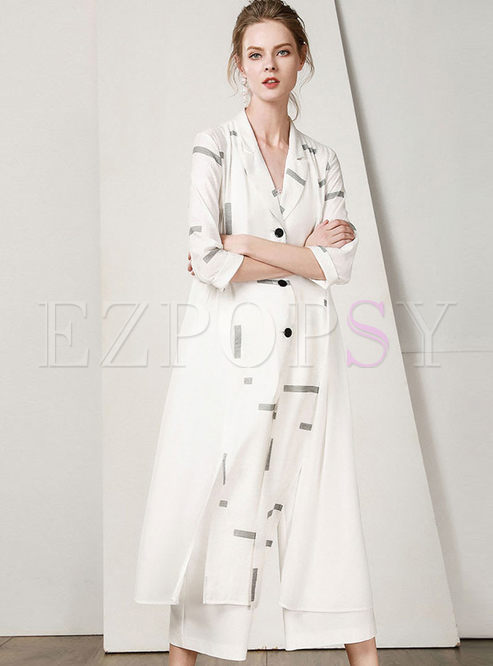 Chic Print Turn Down Collar Single-breasted Long Coat