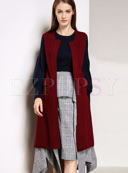 Fashion Wine Red Sleeveless Loose Vest Knitted Cardigan