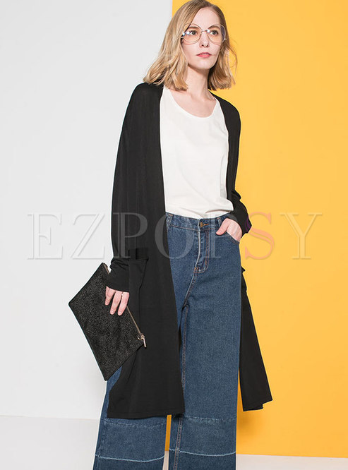 Casual Black Knitted Zip-up Sunscreen Coat With Side-Slit