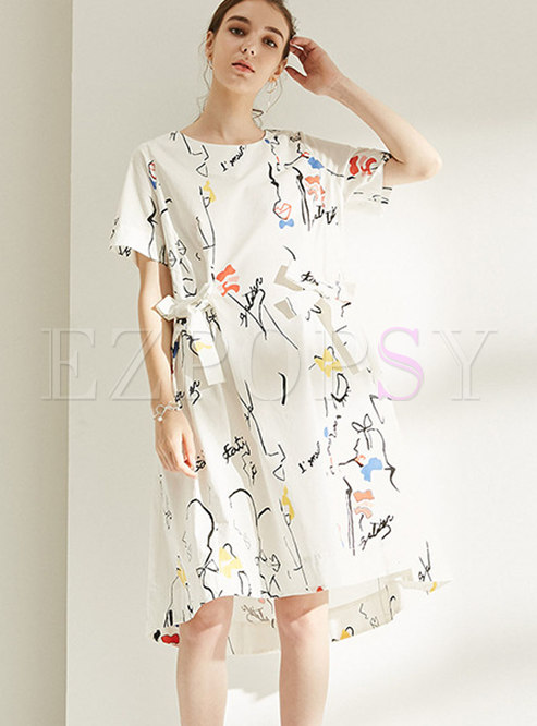 Stylish Cotton All Over Print Belted Midi Dress