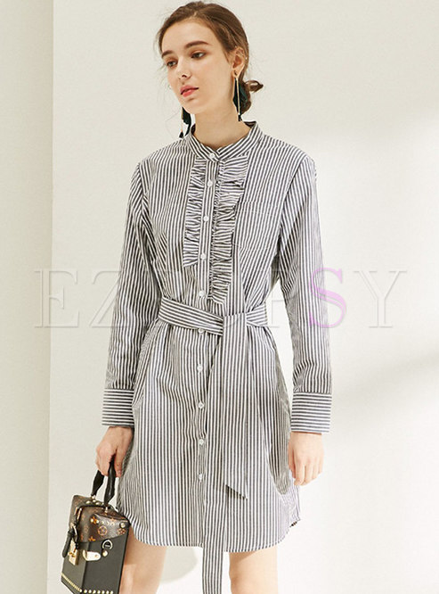 Blue Stand Collar Pinstriped Single-breasted T-Shirt Dress