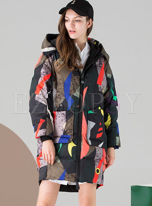 Fashion Hooded Printed Loose Down Coat With Side Pockets