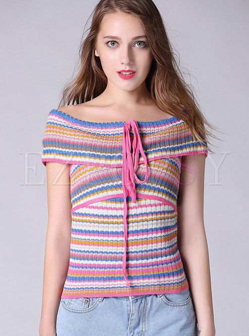 Sexy Pink Off Shoulder Multi-striped Belted Knitted Top