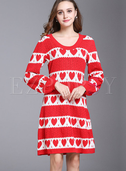 Red Crew-neck Jacquard Long Sleeve Knitted Flare Dress
