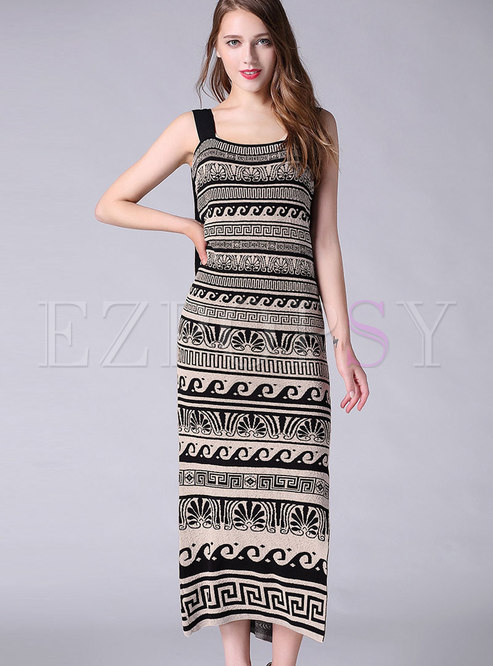 Apricot Slash Neck Bowknot Knitted Maxi Dress With Split