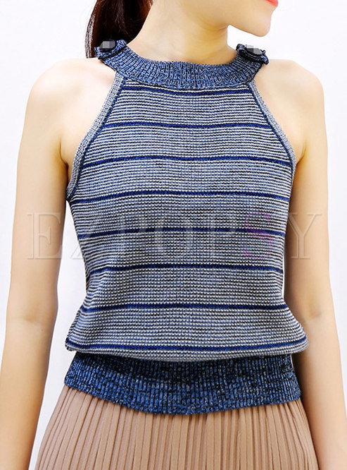 Blue Sleeveless All-match Knitted Top