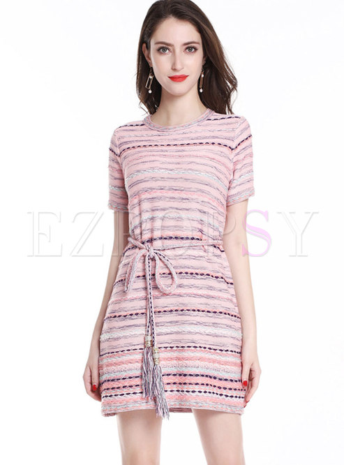 Multi-striped Short Sleeve Self-tie Knitted Flare Dress