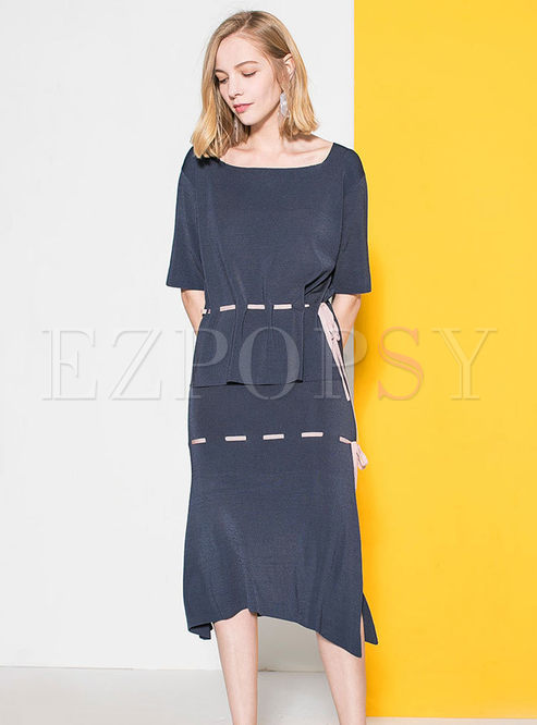 Stylish Solid Color Square Neck Tied Knitted Top & Tied Side-Slit Sheath Skirt