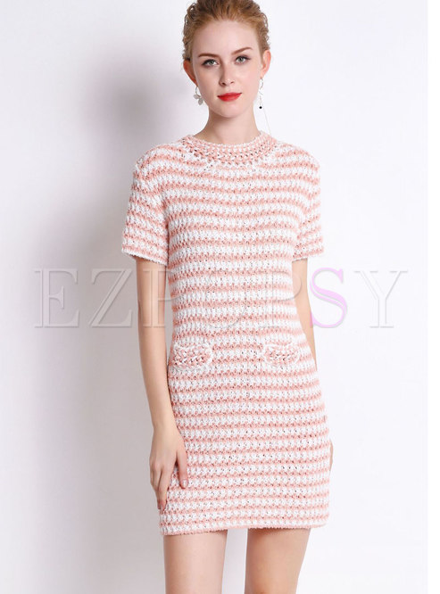 Pink Crew-neck Short Sleeve Striped Knitted Dress