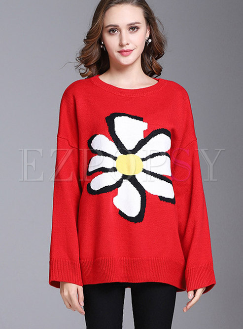 Red Floral Pattern Batwing Sleeve Sweater