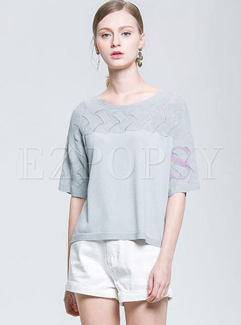 Grey Hollow Out Half Sleeve Knitted Top