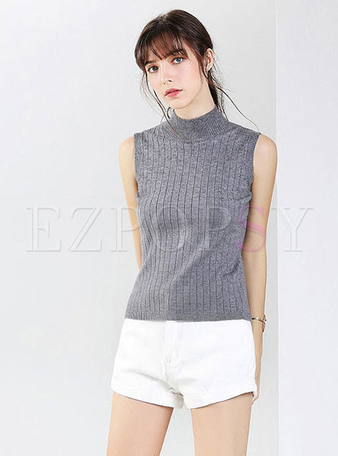 Solid Color Turtle Neck Sleeveless Knitted Top