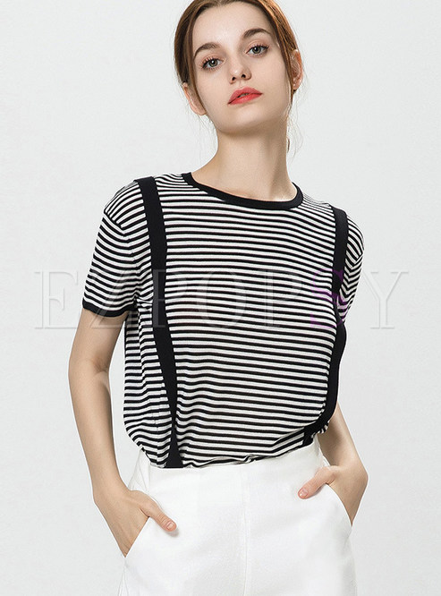 Fashion O-neck Striped Patchwork Tape Knitted T-Shirt