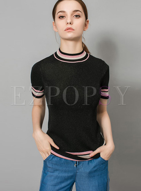 Stylish O-neck Slim Color-blocked Knitted T-Shirt