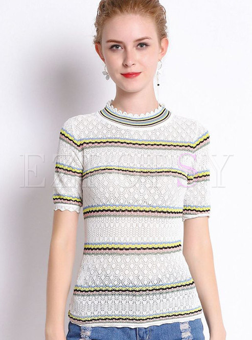 Casual Rainbow Striped Hollow Out Knitted T-Shirt 