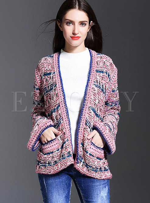 V-neck Color-blocked Striped Sweater Coat