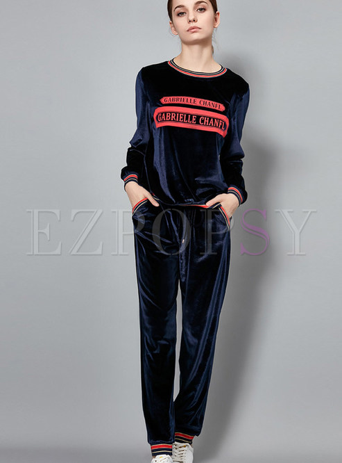 Navy O-neck Long Sleeve Letter Print Two Piece Outfits