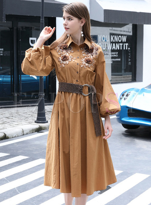 Vintage Coffee Shirt Collar Embroidered Belted Dress