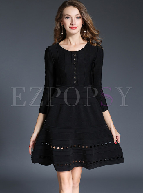 Brief Black Long Sleeve Hollow Out Knitted Dress