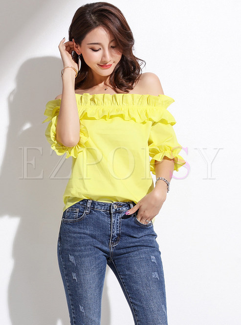 Tops | Blouses | Chic Yellow Slash Neck Lantern Sleeve Chiffon Blouse