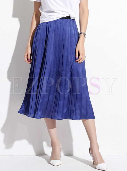 Pure Color Elastic Waist Pleated A Line Skirt