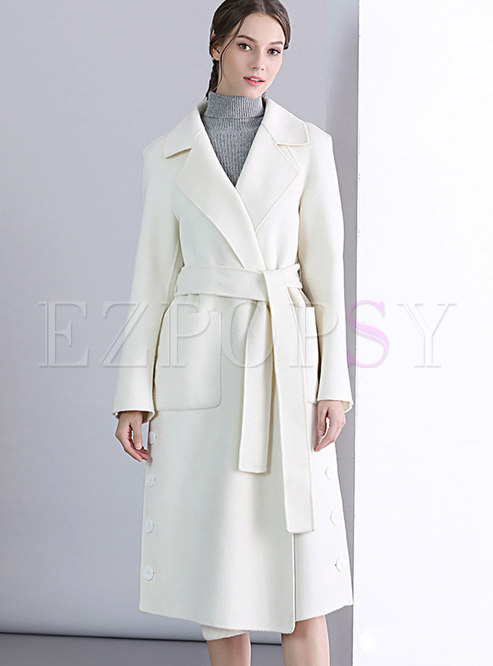 Outwear | Jackets/Coats | White Lapel Wool Coat Belted With Side Pockets
