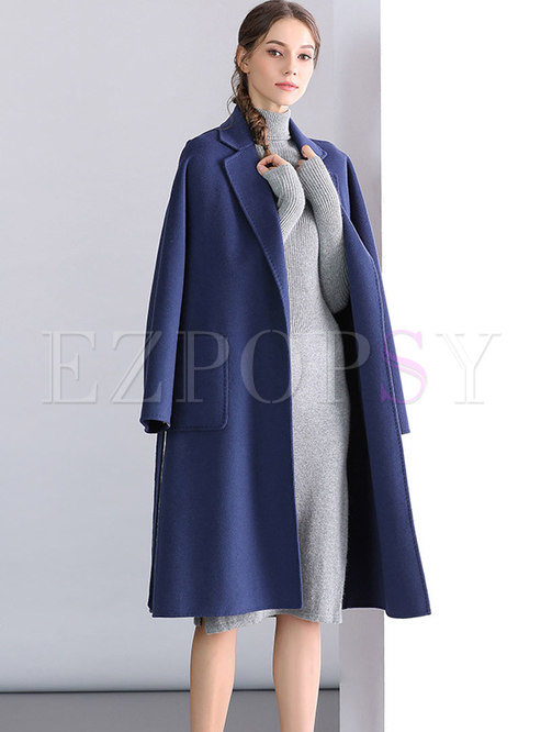 Outwear | Jackets/Coats | Brief Blue Cashmere Tie Pockets Knee-length Coat