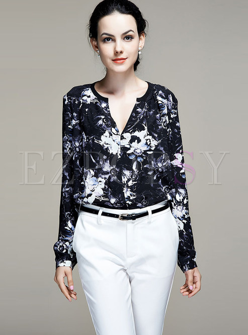 Trendy V-neck Long Sleeve Silk Print Blouse