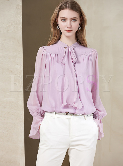 Tops | Blouses | Solid Color Flare Sleeve Tied Loose Blouse