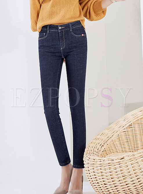 Winter Mid Waist Thick Easy-matching Pocket Pencil pants