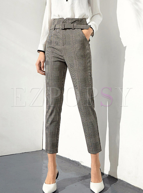 Trendy Plaid High Waisted Belted Pencil Pants 