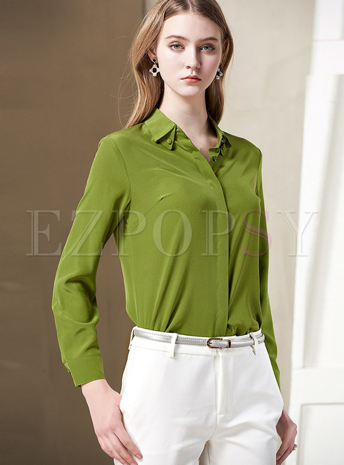 Tops | Blouses | Pure Color Lapel Single-breasted Slim Silk Blouse