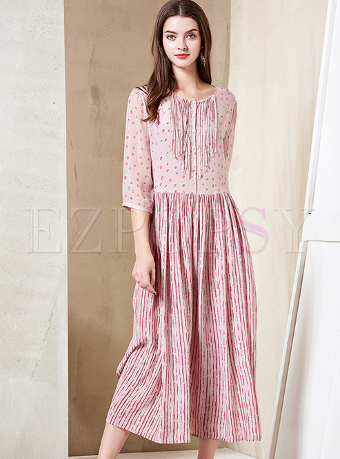 Fashion Pink Half Sleeve A Line Pleated Hem Dress 