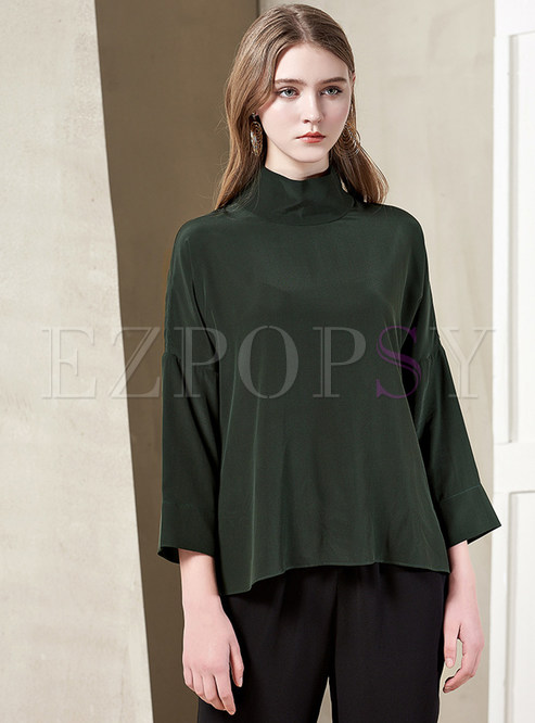 Green Stand Collar Three Quarters Sleeve Straight Blouse 