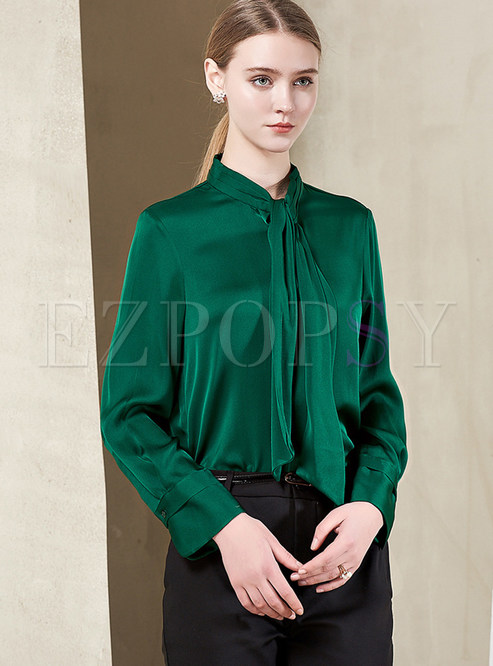 Green Stand Collar Bowknot Blouse 