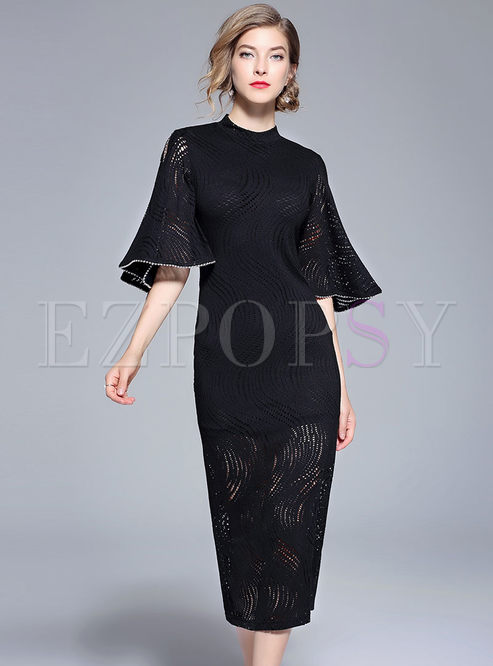 Trendy Black Flare Sleeve Hollow Out Sheath Lace Dress