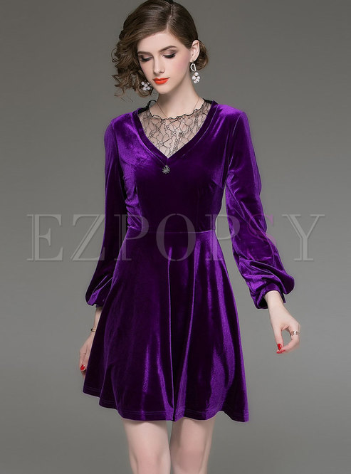 Purple Lace-paneled Mesh Perspective Big Hem Dress