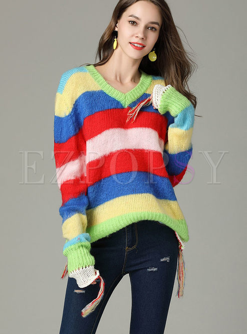 Casual Striped V-neck Tassle Patch Knitted Sweater
