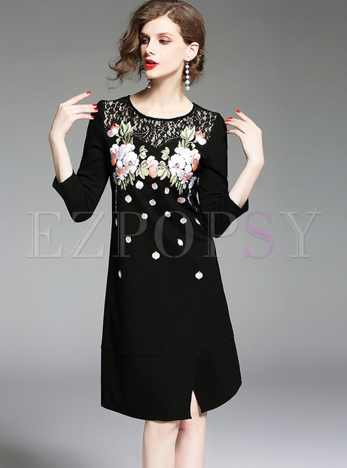 Black Three Quarters Sleeve Lace-paneled Dress With Split 