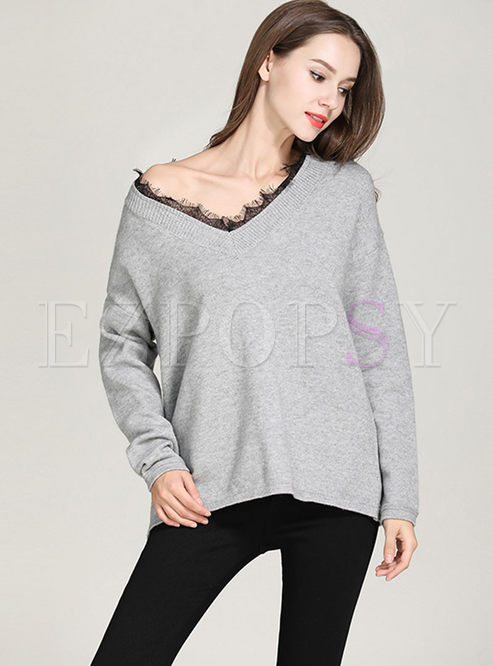 Chic Lace Splicing V-neck Knitted Sweater