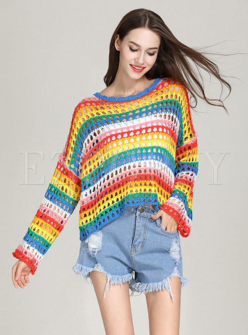 Tops | Sweaters | Stylish Striped Hollow Out Flare Sleeve Loose Knitted ...