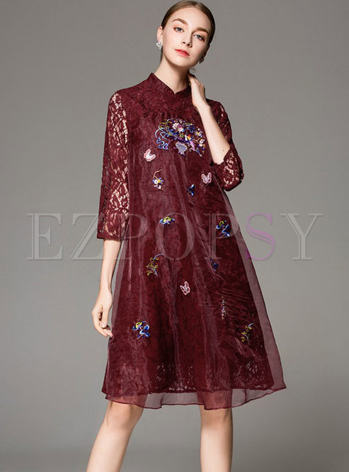 Chic Splicing Butterfly Embroidered Stand Collar A Line Dress