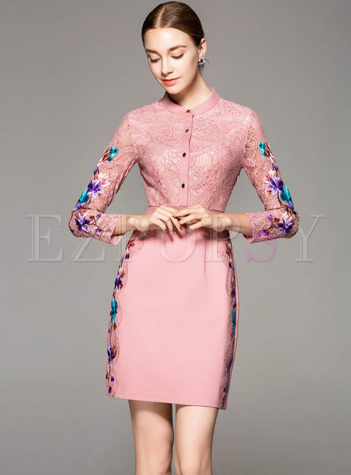 Pink Splicing Embroidered Long Sleeve High Waist Slim Dress