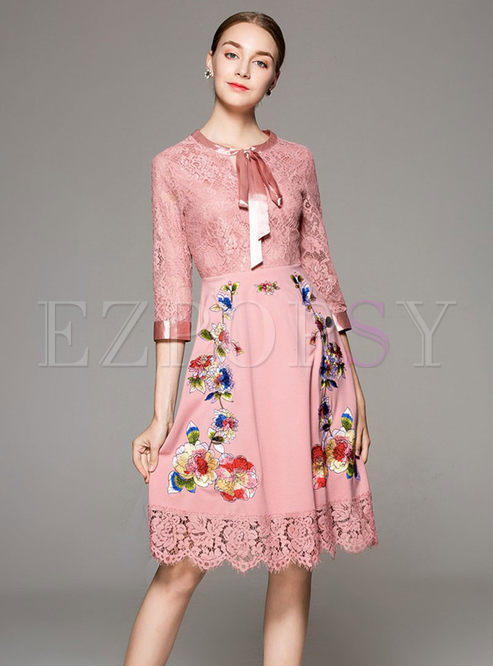 Chic Hollow Out Embroidered Tied-Collar High Waist Skater Dress