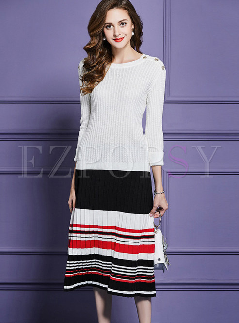 O-neck Knitted Long Sleeve Striped Two Piece Outfits