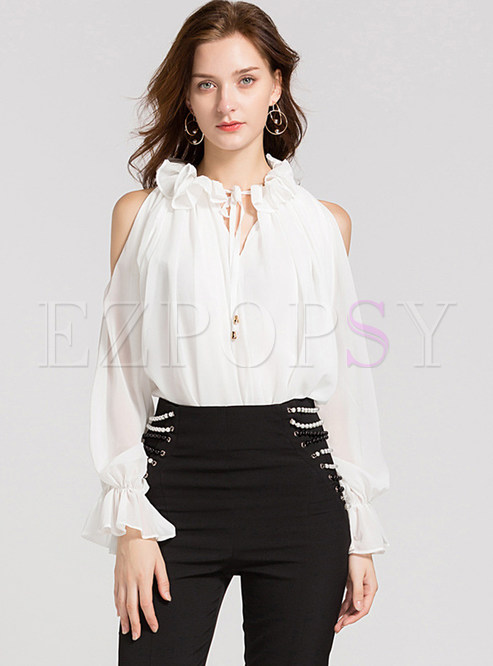 Sexy Standing Collar Off Shoulder Tied Chiffon Top