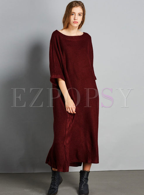 Solid Color O-neck Half Sleeve Loose Knitted Maxi Dress