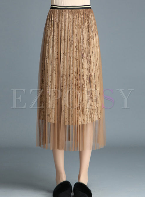 Chic Pure Color Elastic Waist Pleated Skirt