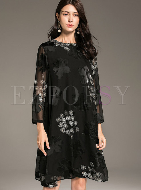 Fashion Black Print Plus Size Shift Silk Midi Dress